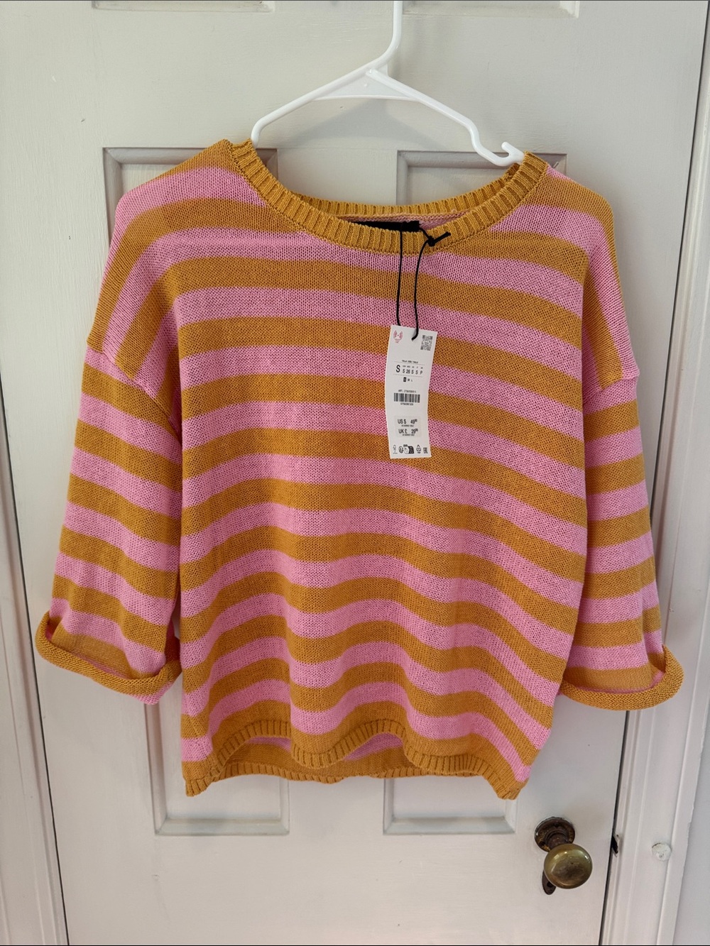 Zara Pink and Mustard Striped Knit Crewneck Sweater